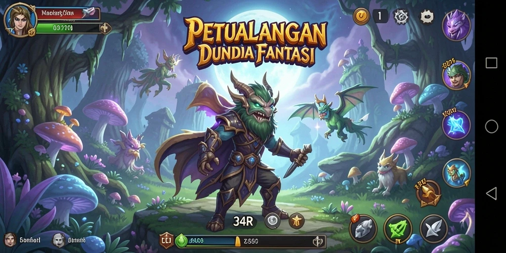 Screenshot gameplay 34R menunjukkan aksi seru di dunia fantasi.