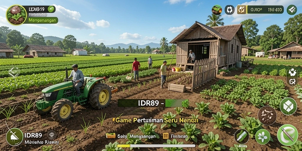 Tampilan screenshot IDR89 memperlihatkan kebun yang subur dan aktivitas bertani yang seru.