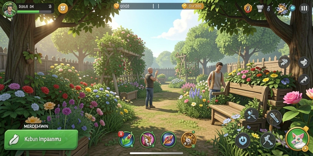 Screenshot MERDEKAWIN menampilkan kebun yang penuh warna dan tanaman yang siap dipanen.