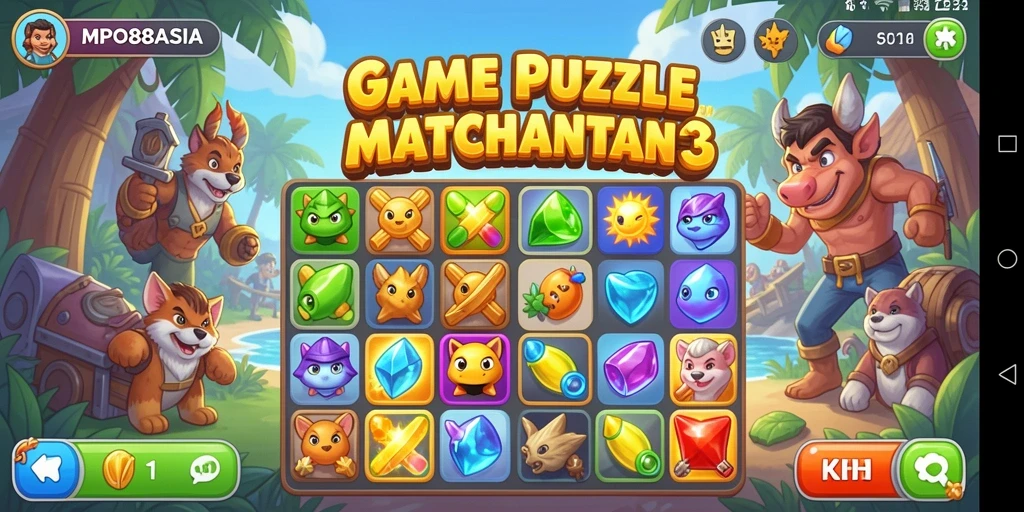Tampilan gameplay Match-3 yang seru dan penuh warna.