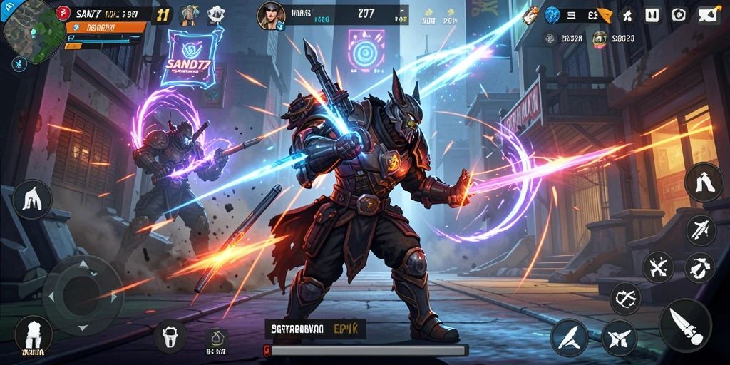 Screenshot SAND77 menampilkan pertarungan seru antara karakter-karakter unik.