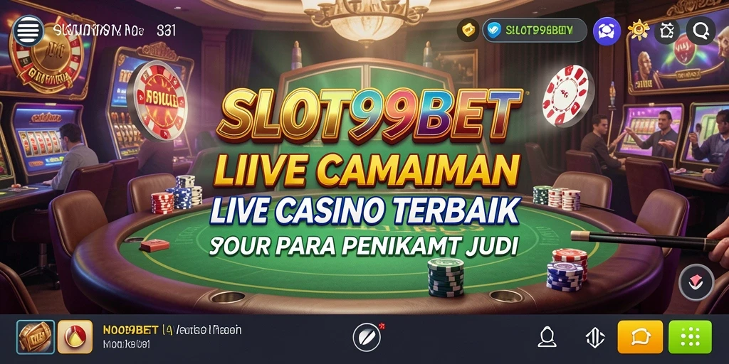 Screenshot permainan LIVE dari SLOT99BET yang menampilkan dealer dan meja permainan.